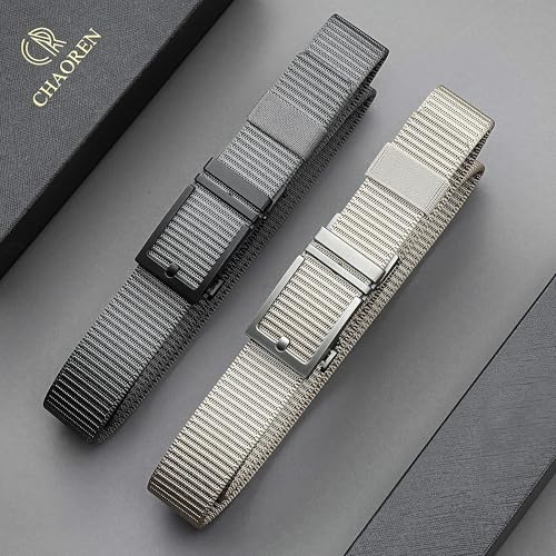 Image of CHAOREN Grey and Khaki Ratchet Belts for Men 2 Pack - Casual Web Nylon Mens Belt 1 3 /8 inch - Automatic Adjustable Buckle Fit Jeans