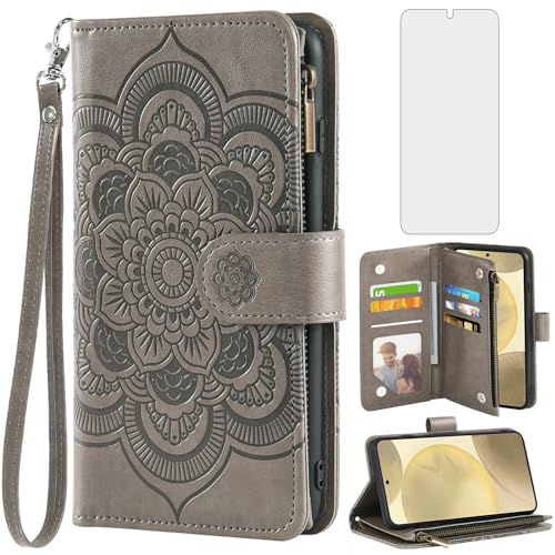 Coque Samsung S24 5G portefeuille en cuir gris avec porte-carte et verre trempé