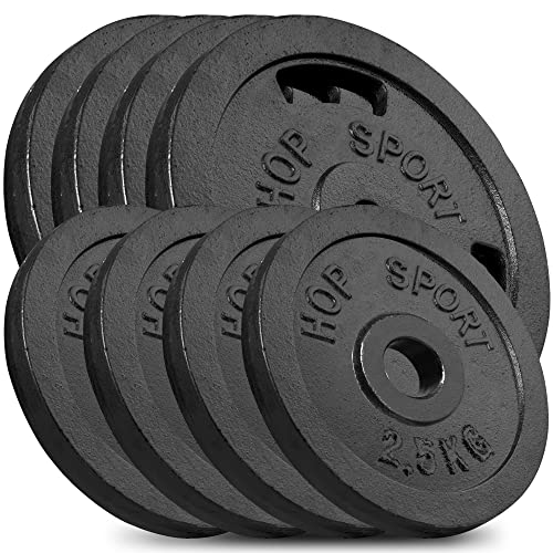 Hop-Sport Gusseisen Hantelscheiben Set 30 kg (4 x 2.5 kg, 4 x 5 kg) mit 31 mm Lochdurchmesser, ideal für Standard 30mm Langhantelstangen, Robuste Gewichtsscheiben für Fitness- und Krafttraining
