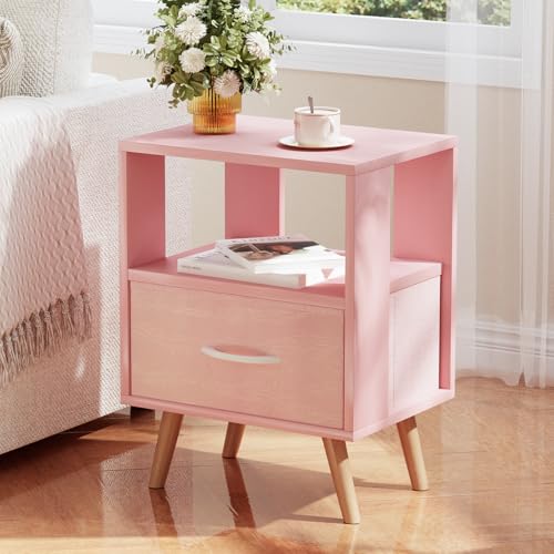 Huhote Kids Nightstand, 2-Tier Night Stand with Drawer, Modern Side Table for Bedroom, Study Room Small Spaces, Pink