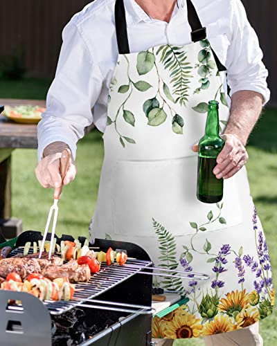 Ftopucans Sunflower Aprons For Women Men With Pockets, Wildflowers Eucalyptus Lavender Spring Summer Adjustable Waterproof Kitchen Chefs Apron For Grilling Cooking Bbq Painting #TOP4