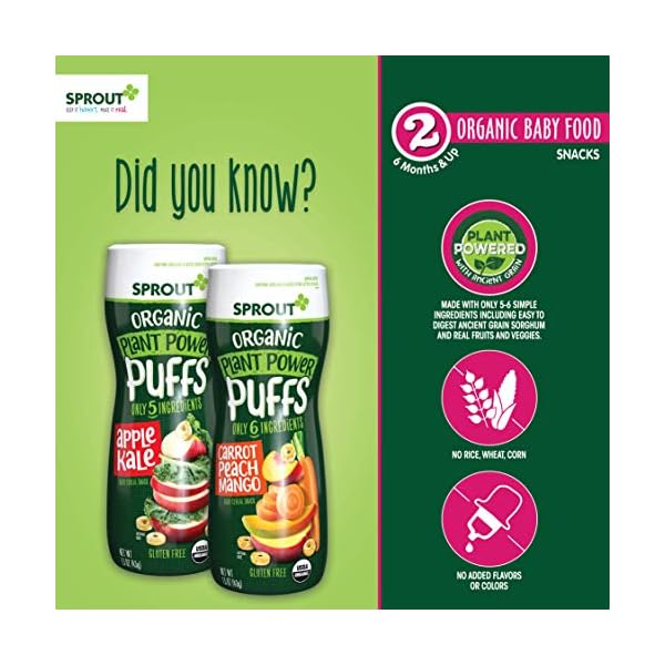 Sprout Organic Baby Food, Stage 2 Snacks, Carrot Mango and Apple Kale Plant Power Baby Puffs Variety Pack, 1.5 Oz Canister (6 Count)