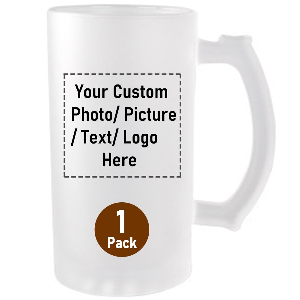 Custom 16oz Glass Beer Mug with Handle Personalized Photo Picture Text or Logo Glass Mug Great Gifts for Men and Women on Birthdays Father's Day Halloween Wedding Christmas (1, Custom Mug)