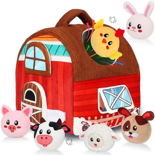 Avesa Baby Toys 6-12 Months – Soft Barn Toy with Stuffed Farm Animals, Rattle – Montessori Toys for Babies 6-12 Months Sensory Infant Toy for Toddlers 1-3 Year Old Boy Girl Baby Birthday