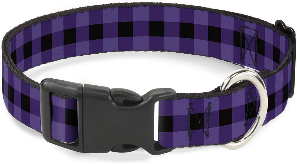 Buckle-Down Plastic Clip Collar - Buffalo Plaid Black/Purple - 1.5" Wide - Fits 18-32" Neck - Large