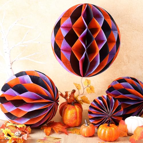 Image of Dunzoom 12 Pcs Halloween Party Decorations Set 6 inch 8 inch 10 inch 12 inch Birthday Honeycomb Balls Party Decorations Purple Orange Black Hanging Round Tissue Paper Pom Poms for Halloween Garden Home Decor