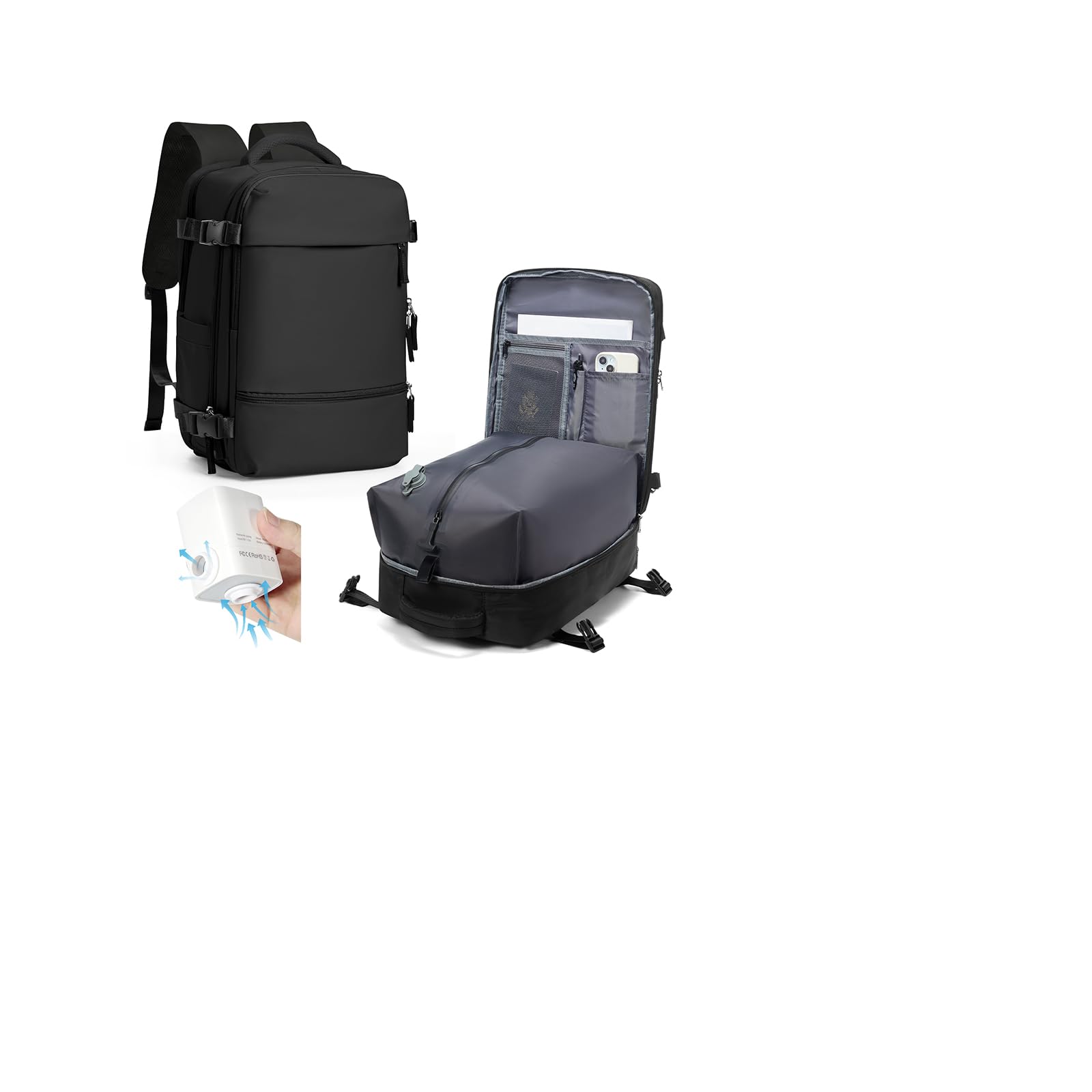 HPLQQ Zaino 40x30x20 per Ryanair Zaino Sottovuoto da Viaggio con Pompa | Aereo Bagaglio a Mano Easyjet Borsa da Cabina per Uomo e Donna Lavoro e Scuola Casual Daypack,F Nero