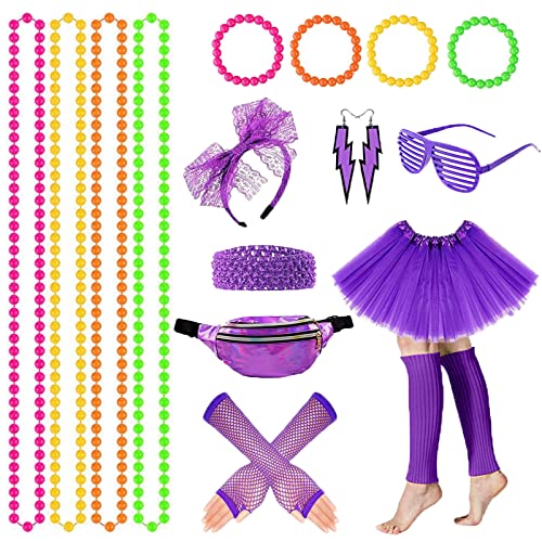 YADODO Deguisement Annee 80 Femme Accessoire Fluo,Tutu Fluo,Sac Banane,Lunette,Bandeau,Colliers,Bracelets,Jambières,Boucles D'oreilles Annees 80 90...