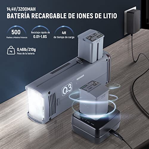Ficha técnica NEEWER Q3 200Ws 2.4G TTL Flash Versión 2 1/8000 HSS Estroboscópico para Fotografía con Disparador QPRO-S Compatible con Sony Difusor Batería de 3200mAh 500pops Potencia Completa Reciclado 0,01-1,8s - Fernando Cortés