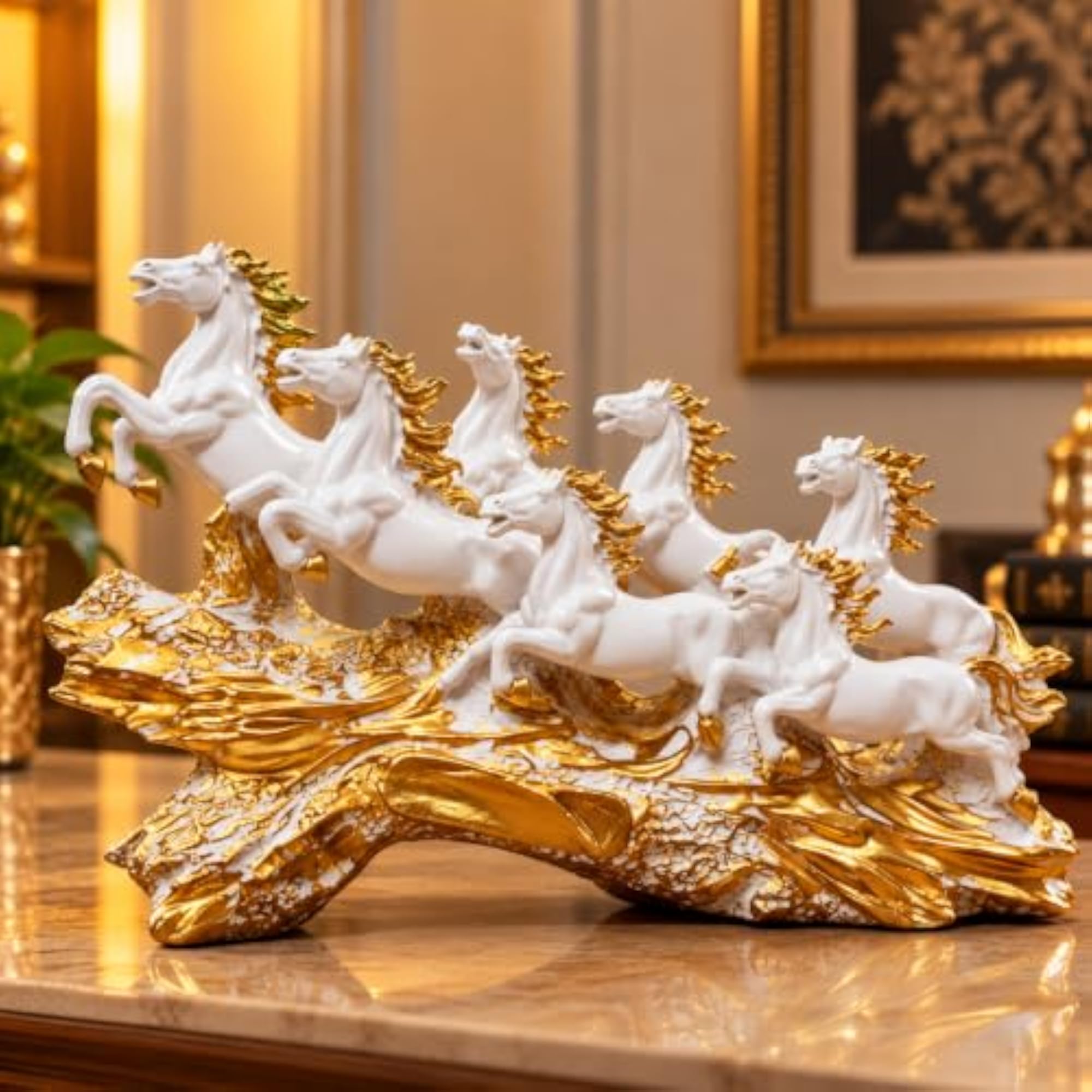 Running Horses White Resin Statue, 19 Inch Vastu Decor
