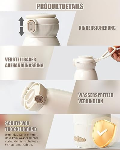 Tragbarer Flaschenwärmer Baby Unterwegs, 500ml Kapazität, Muttermilch und Wasser, Kann erwärmen, warmhalten und sterilisieren, Schnelles Aufheizen in 3 Minuten, 10400 mAh Akku für Lange Akkulaufzeit