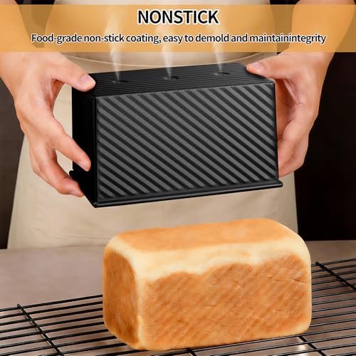 Image of 3 Pack Pullman Loaf Pan with Lids, Non-Stick Bread Loaf Pan, Heavy Duty Carbon Steel Corrugated Toast Box for Baking, Square Bread Pans for Homemade Sandwich, Bakeware (Black)