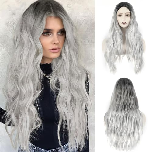 VOSSOT Perruque de cheveux longs pour femme, gris, argent, élégante et confortable, ombrée, 66 cm
