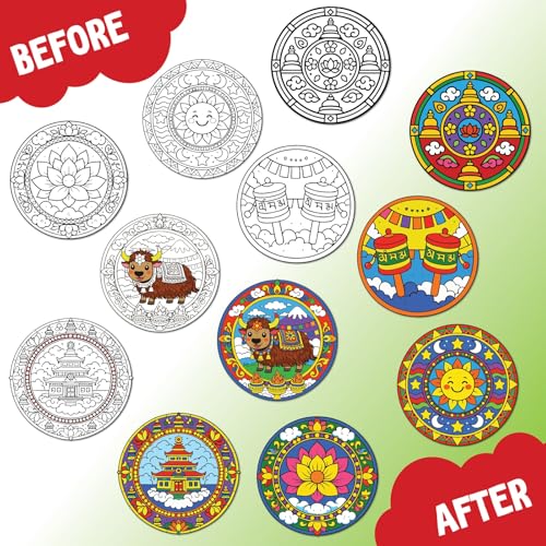 Image of SparkLPlay DIY Mandala Art Kit for Kids - Tibetan Mandala. Coloring Set with - 6 Magnetic Cutouts,12 Color Pens & Booklet. Creative Art & Craft. Mess Free. Gifts for Kids.