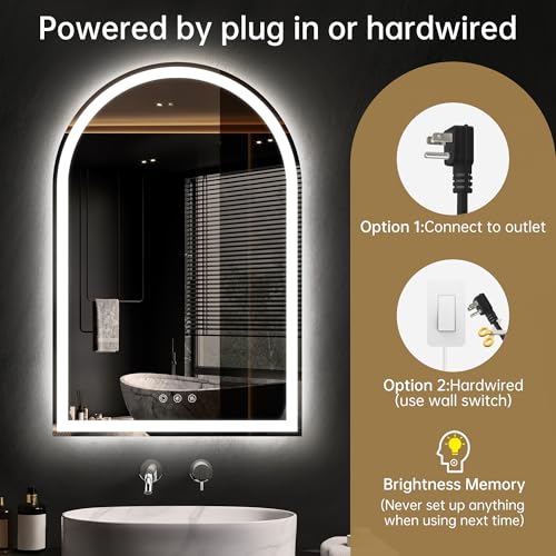 Image of Arched LED Mirror for Bathroom 24 inchx36 inch- Frameless Lighted Bathroom Mirror with Lights, Fogless, Dimmable, 3 Color Changing, Shatterproof, Touch Sensor