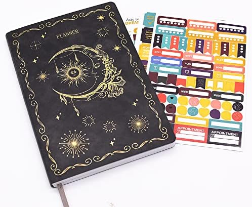 Undated Weekly & Monthly Planner - Soft Leather Cover A5 Week to View Undated Diary Planner, Undated Daily Diary to Achieve Your Goals with Sticker