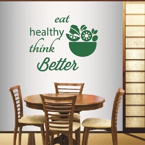 Wall Vinyl Decal Home Decor Art Sticker Eat Healthy Think Better Quote Phrase Salad Fruit Vegetable Vegetarian Food Kitchen Salad Bar Restaurant Room Removable Stylish Mural Unique Design 581 #TOP27