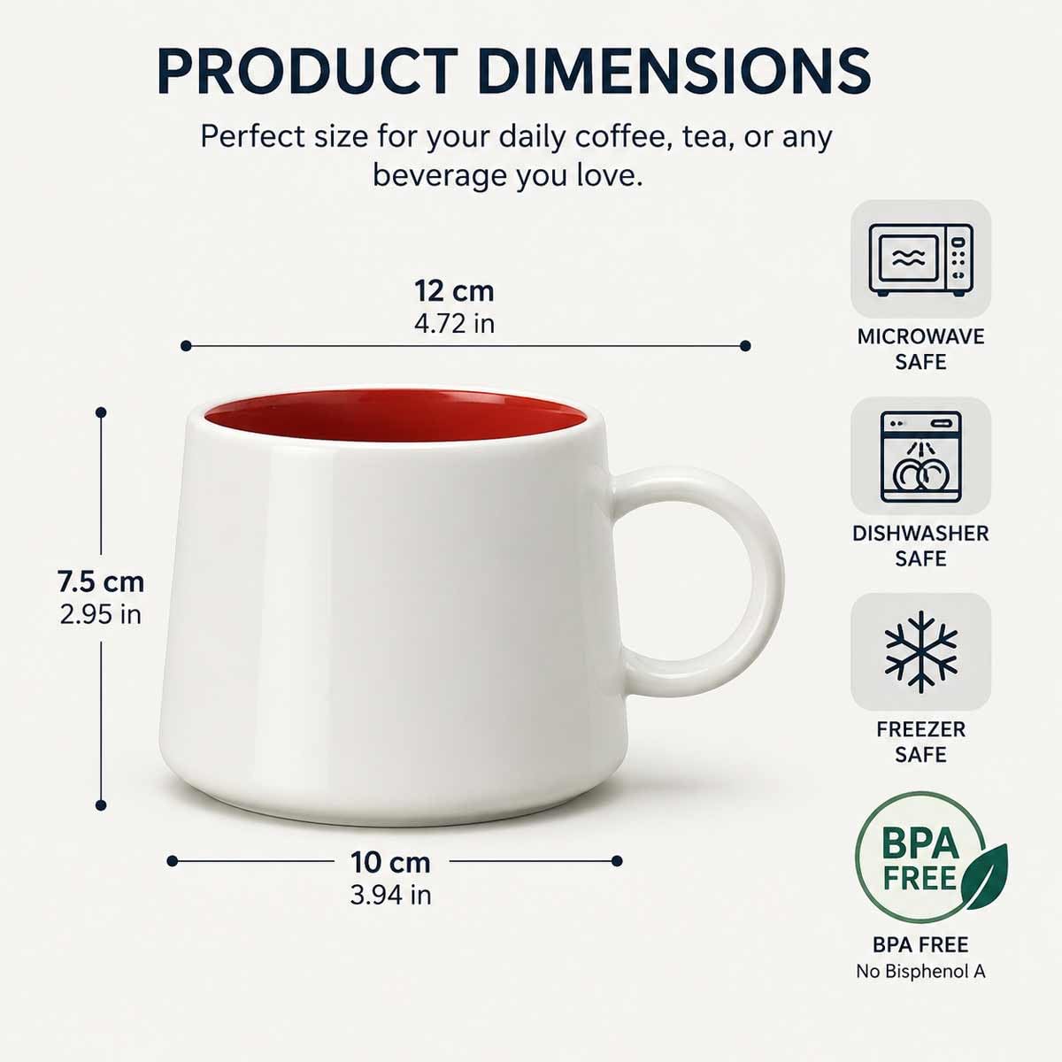 Set di 6 tazze da caffè in ceramica, bianche con interno colorato, 350 ml, impilabili, in porcellana, per latte, tè, cappuccino, manico facile da impugnare