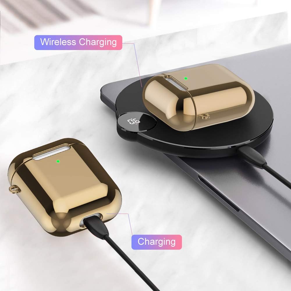 REFLYING Case Compatible for AirPods [1st and 2nd Gen], Soft TPU Plated Case Shockproof Protective Cover Compatible with AirPods & AirPods 2019 [Front LED Visible] - Gold