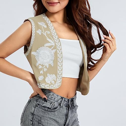 Image of Women Vintage Floral Embroidered Vest Y2K Sleeveless Open Front Cardigan Boho Linen Cropped Waistcoat