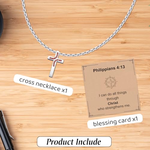 Baseball Football Cross Necklace for Teens, Stainless Steel Chain Pendant Bible Verse Christian Jewelry First Communion Confirmation Baptism Gifts for Valentine Easter Christmas Stocking Stuffers — view 2