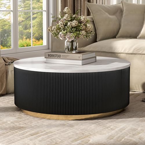 Image of Furniture of America Beryl Modern Round White Genuine Marble Top Coffee Table with Fluted Pedestal Base and Gold Stainless Steel Accent, Low Profile Table for Living Room, Home Office, Black