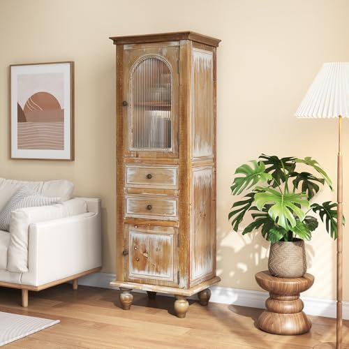 Image of LKTART 60 inch Tall Kitchen Pantry Storage Cabinet;WoodenGlass Display Cabinet | Solid Wood Frame;Farmhouse /French Country Narrow Corner Glass Display Cabinet;Narrow Storage Cabinet;Tall Accent Cabinet