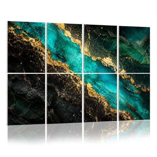 Kanworse Paneles Acústicos Decorativos de 8 Piezas 48"x32" Fibra de Poliéster Negro Mármol Abstracto Verde Malaquita Venas Doradas Estilo Kintsugi Japonés