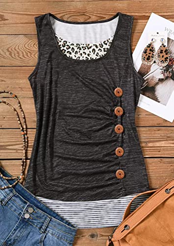 Women Striped Leopard Button Fake Two-Piece Tank Tops Summer Casual Slim Sleeveless Cami Top #TOP1