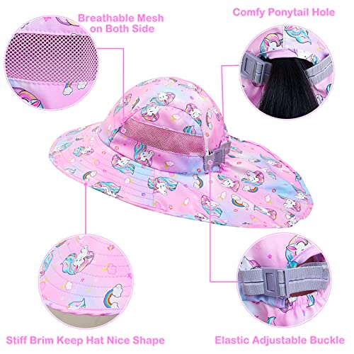 Kids Sun Hat For Girls Beach Hat Wide Brim Summer Hat Neck Flap Plat Hat For Toddler Kids 2-9 Years, Pink Unicorn #TOP4