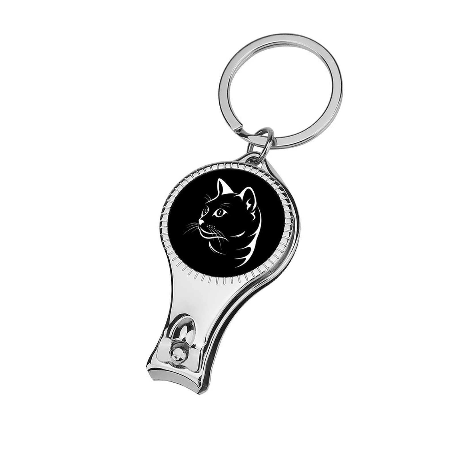 Cat Face on Black Metal Nail Clipper Personalized Fingernail Cutter Ultra Sharp Sturdy Finger Nail Clip with Keychain