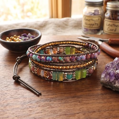 Image of YGLINE Boho Handmade Wrap Leather Tube Crystal Stone Bracelet for Women