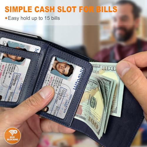 Image of miyozi Airtag Wallet for Men,with Cash Pocket 2 ID Window 9-12 Cards,Metal Case Smart Slim Pop Up Credit Card Holder Flip with Magnetic Closure RFID Blocking Trifold wallet with Gift Box