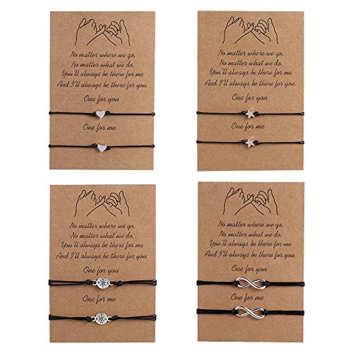 4 Paires Bracelets d’Amitié pour Homme Femme Fille Garçon Bracelet Couple Réglable avec les Motifs Coeur Étoile Infini Boussole Bracelet Tressé à la Main Cadeau pour Couple Famille Meilleurs Amis Cover