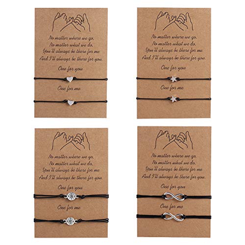 4 Paires Bracelets d’Amitié pour Homme Femme Fille Garçon Bracelet Couple Réglable avec les Motifs Coeur Étoile Infini Boussole Bracelet Tressé à la Main Cadeau pour Couple Famille Meilleurs Amis