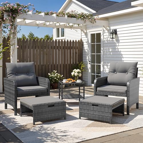 Image of Amopatio 5 Piece Rattan Garden Furniture Set, Patio Conversation Set with 2 Ottomans & Coffee Table, All-Weather PE Wicker Outdoor Sofa Set with 8cm Thick Cushions for Garden, Patio, Balcony, Grey