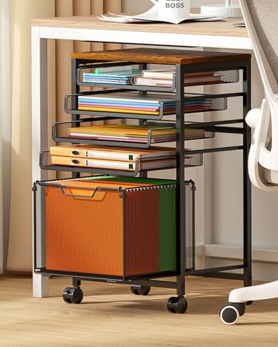 Image of Feyejade Compact 5-Tier Rolling File Cart, Under Desk Metal Filing Cabinet | Printer stand top, sliding mesh trays for binder, letter size file storage, organizer for teachers and home office
