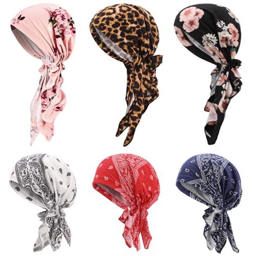 Fingertip WD 6 Pcs Chemo Headwear for Women, Pre Tied Cancer Cap Turban Hats, Soft Stretch Sleep Head Wraps for Hair Loss, Sensitive Scalp & Patients(Red)
