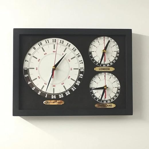 Generic 3 Zone Clock with 24-Hour Zones. 24 Hour 3 Zone Wall Clock.. Multiple time Clocks. Wall Clock with 24 time Zones for Day and Night., Black