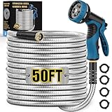 Metal Garden Hose 50FT, Stainless Steel Water Hose with 10 Function Nozzle,...