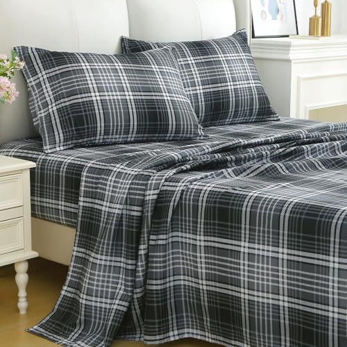 Image of MUXHOMO TwinXL Size 4 Piece Sheet Set, Soft Breathable Bed Sheet Set for Bedroom with Deep Pocket Up to 16 inch, Wrinkle-Free & Cooling Bedding for Oeko-TEX Certified - Black /White Plaid