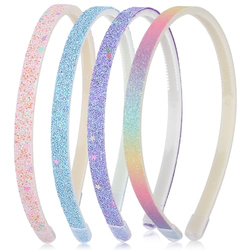 COMNICO 4 diademas con purpurina para niñas, dulces y lindas diademas de estrella brillante, confeti y arcoíris, diademas de plástico antideslizantes con dientes, accesorios coloridos para el cabello