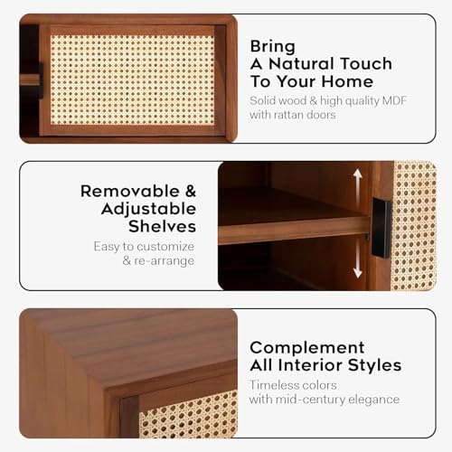 Image of Premium Solid Wood, 10 Minutes Assembly (Legs Only), Aesthetic Rattan Doors, Mid Century Entertainment Center for Living Room, TV Stand for 65 inch TV, Dark Chocolate (Honey Colour)