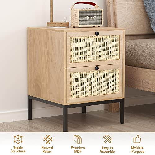 Xiao Wei Rattan Nightstand Set Of 2 With Handmade Natural Rattan Drawers, Bedside Tables, End Table, Rattan Side Table, Wood Nightstand, For Bedroom, Living Room, Metal Legs #TOP3