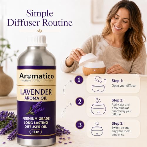 Image of AROMATICO Lavender Diffuser Oil with Strong, Long-Lasting Aroma. Premium Aroma Oil for Homes, Offices & Showrooms. Aromatherapy, Diffusers, Air Purifiers, Vaporizers - 1 L (1000 ml)