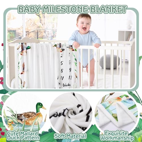 Image of Mallard Duck Monthly Milestone Blanket for Baby Boy Flannel Newborn Infant Swaddle Growth Chart Photography Background with Baby Birth Signs, Felt Frames, Bibs