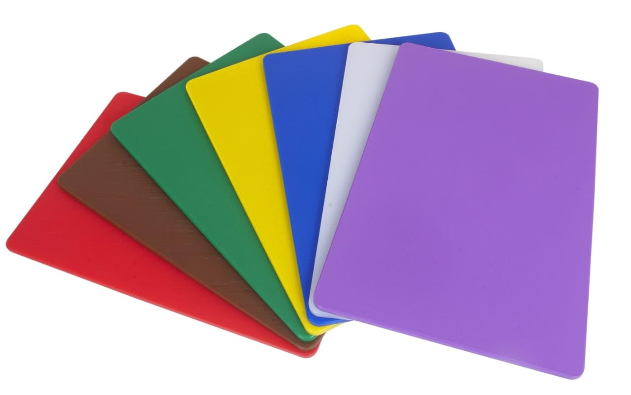 BAKI Professionelles Kunststoff-Schneidebrett-Set, 7-teilig, farbkodiert, 450 mm x 300 mm, mit und ohne Gestell (mit Gestell)