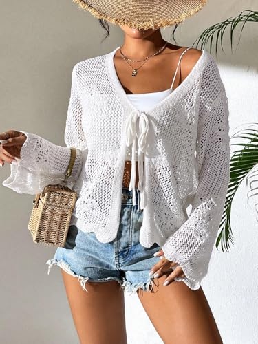 Image of Womens Tie Front Lightweight Crochet Cardigan Shrugs Knit Cardigan Crop Tops Cover Up