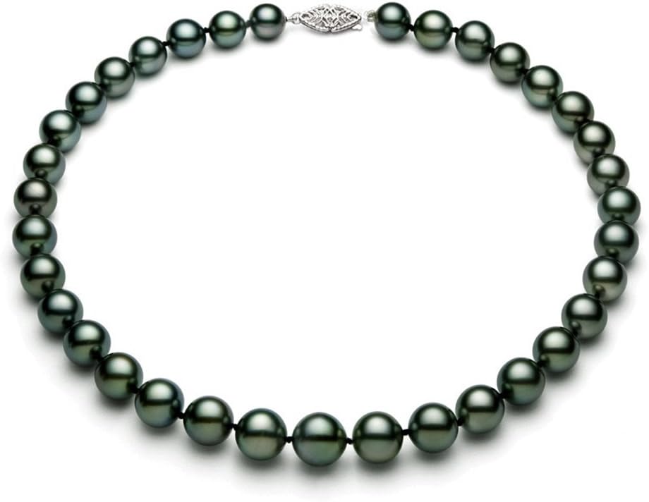 PremiumPearl 9-12mm Black Tahitian Cultured Pearl Necklace for Women AA Quality 14k White Gold