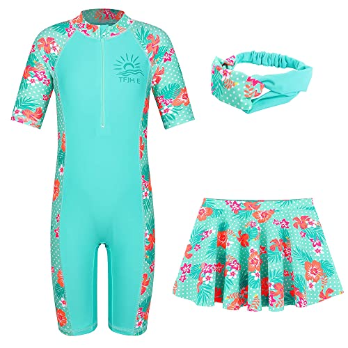 Image of TFJH E 3 in 1 Sets Girls Swimsuits Short Sleeve Rashguard Suit UV 50+ Princess Swimwear Dress Skirt Zip 3-12Y